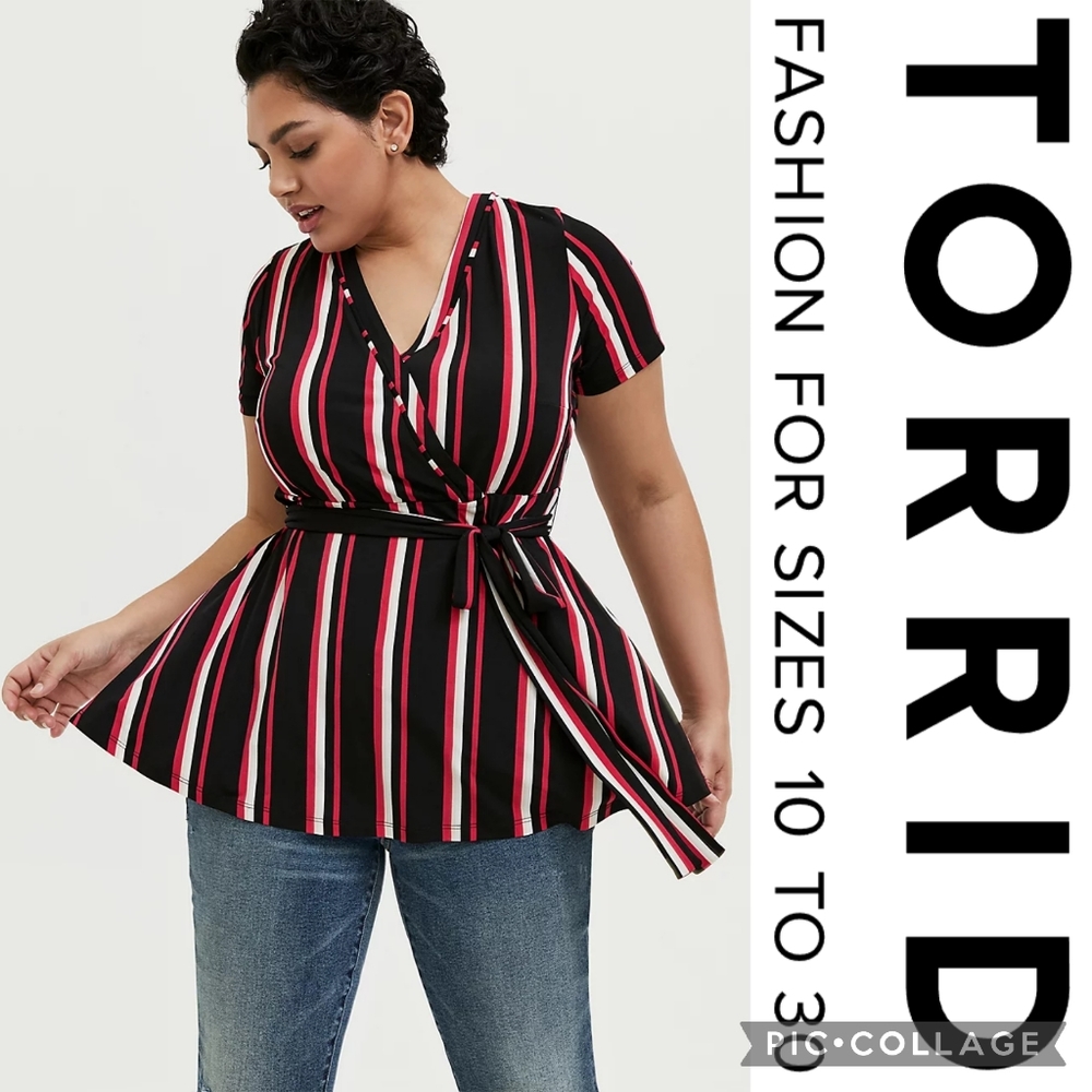 Torrid 1X Black & Fuchsia Pink Stripe Studio Knit Surplice Wrap Top